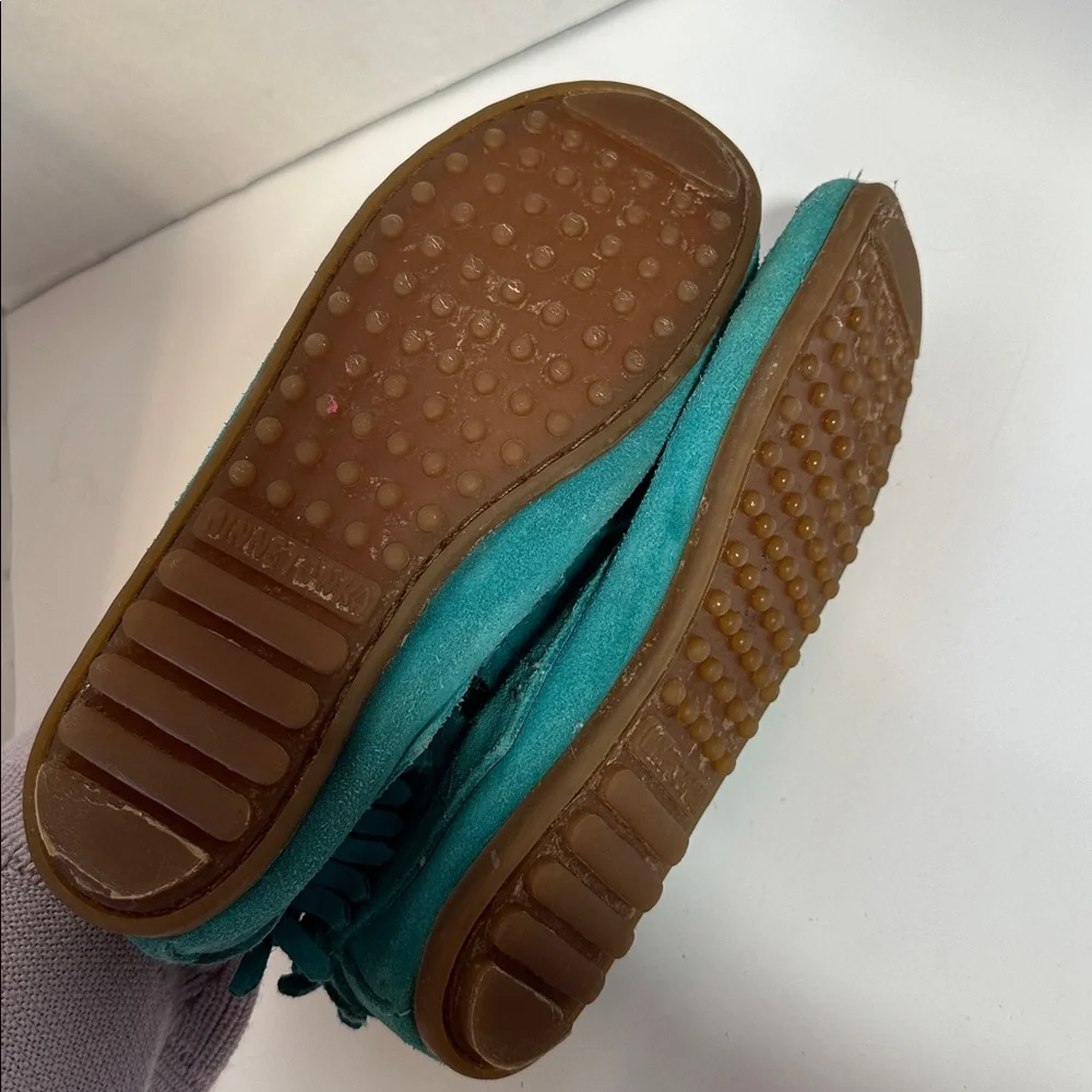 Minnetonka teal double fringe suede shoes size 3